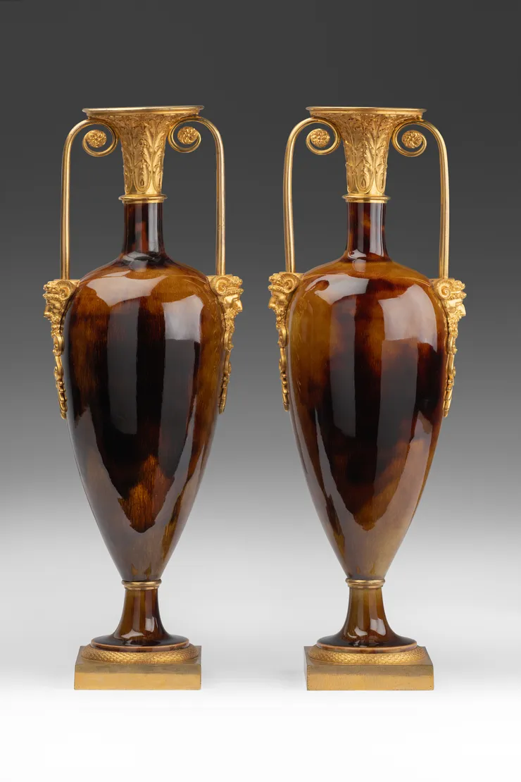 Pair of Porcelain and Ormolu Urns By Dihl & Guérhard. Mounts by Pierre-Philippe Thomire, circa 1805