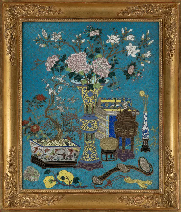 A large cloisonné enamel 'Hundred Antiques' panel, circa 1790-1810