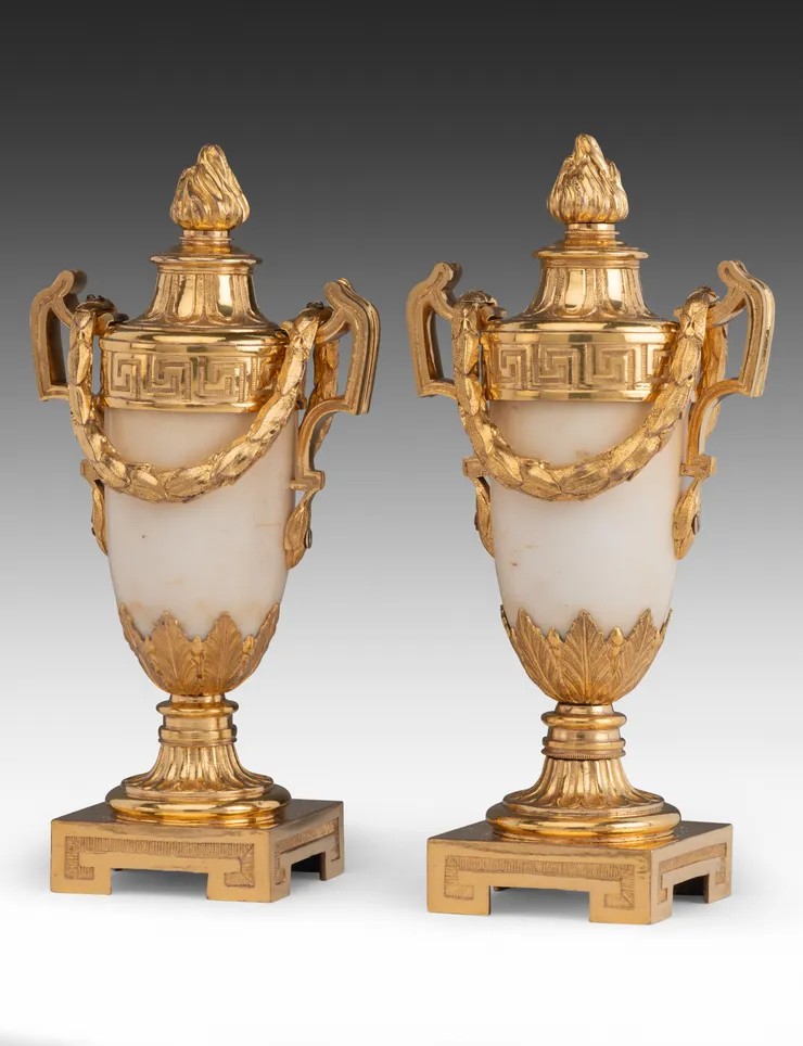 7202 Pair of George III White Marble and Ormolu Cassolettes