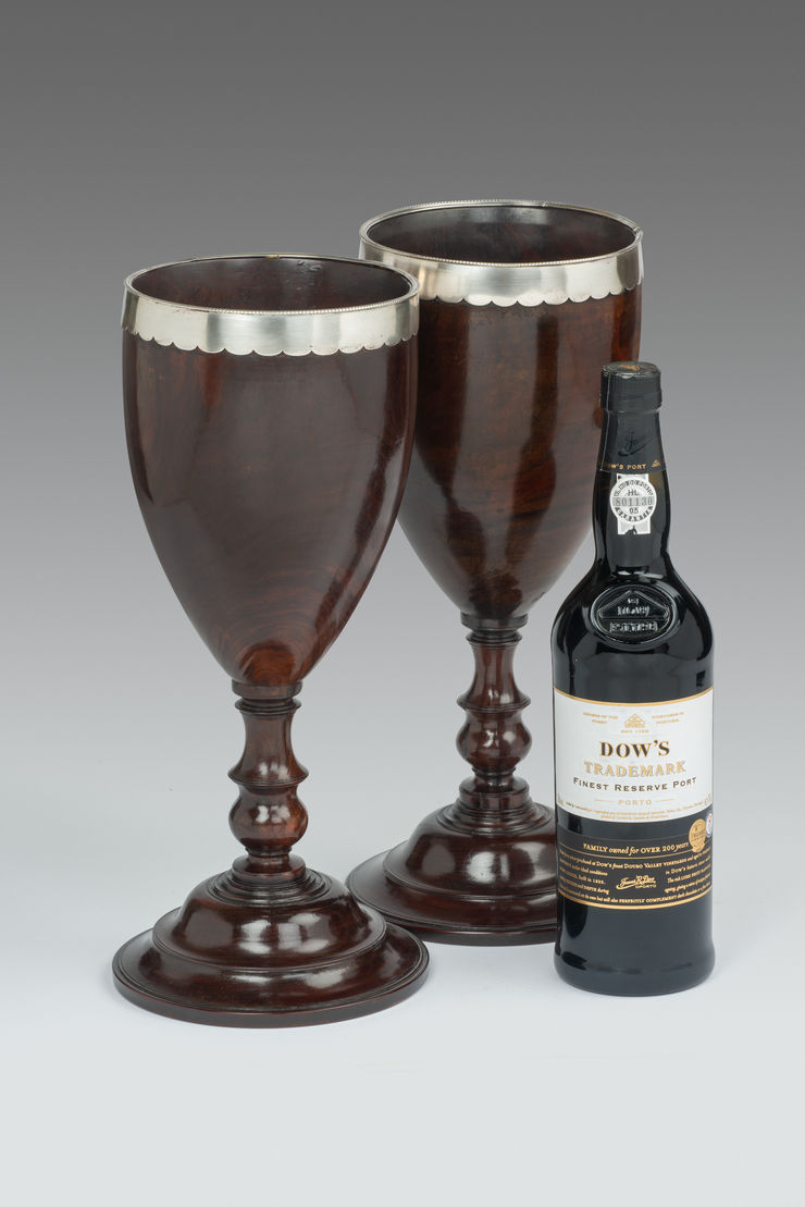 Pair of Large Georgian Lignum Vitae Loving Cups mounted with silver rims