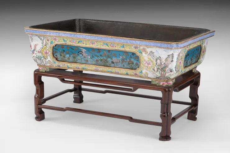 7134 A Massive Chinese Painted Enamel and Cloisonné Rectangular Jardinière