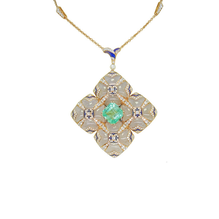 Simone Romance Du Art Nouveau: La Sagrada Light Columbian Emerald : 1 - 5.81 carats Chalcedony : 16 - 13.223 carats Diamonds : 286 - 4.05 carats Diamonds : 16 - 0.66 carat Diamonds : 6 - 0.24 carat Cultured Pearl : 1 Piece Blue Enamel 18k Rose Gold
