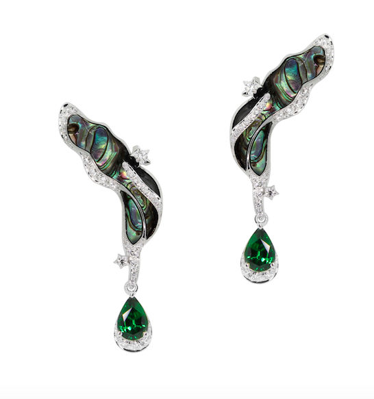 Simone Bombshell: Reach for the Stars Earrings "Chrome Tourmalines : 2 - 0.70 carat Diamonds : 66 - 0.47 carat Abalone Shell : 4 - 4.922 carats 18k White Gold" 32mm (H) x 15mm (W)