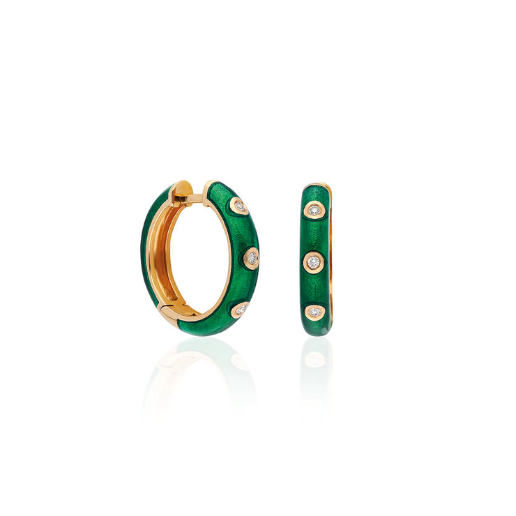 Terzihan Fizzy: Fizzy Hoops with Green Enamel A pair of 18k rose gold hoop earrings with 3 cm diameter, 0.28 ct F VS diamonds and green natural enamel work.