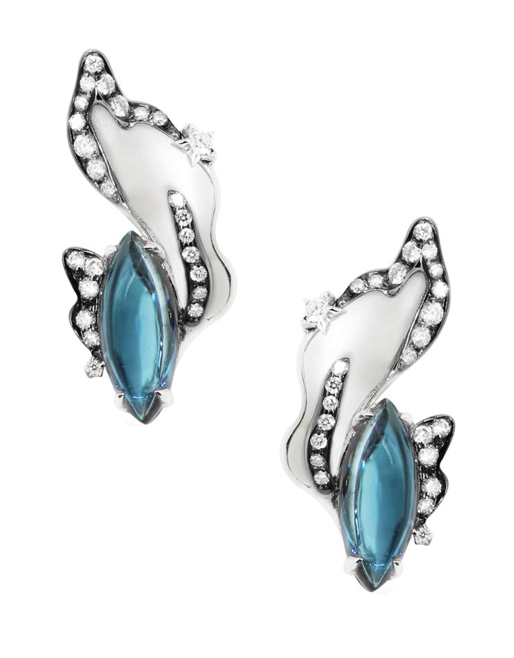 Simone Bombshell: Comet Earrings London Topaz Cabochon : 2 - 2.20 carats Diamonds : 52 - 0.242 carat White Quartz : 2 - 1.90 carats 18k White & Black Gold