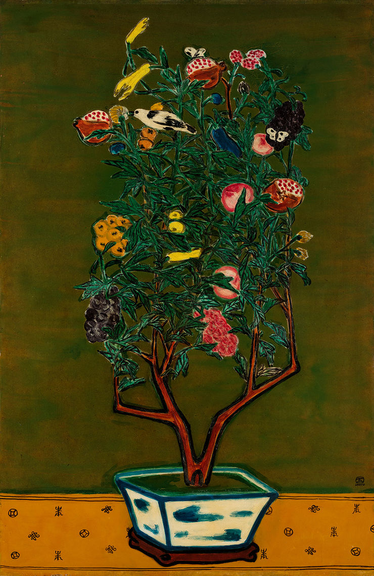 Still Life of Flowering and Fruit Plant with a Green Ground