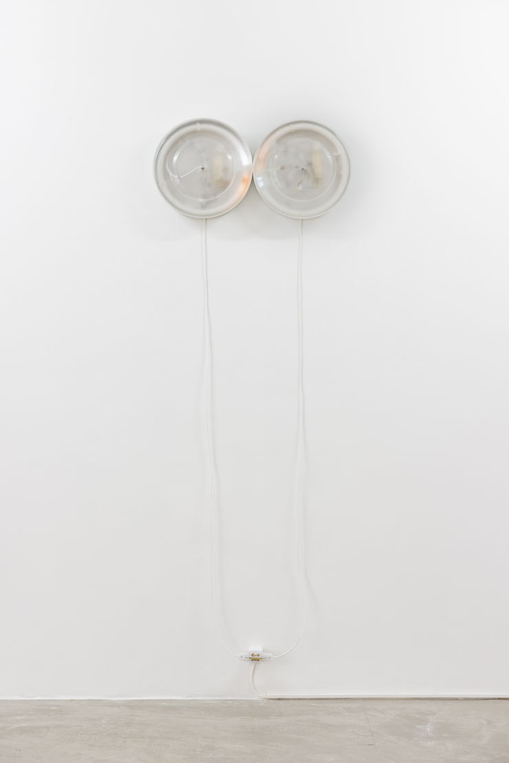 Iris Touliatou untitled (still not over you), 2020/2022/2023/XII, 2022 2 ceiling light fixtures acquired from defunct offices in Athens, fluorescents, circuit, cable, outlets 45 cm | 17 3/4 in (diameter, each)