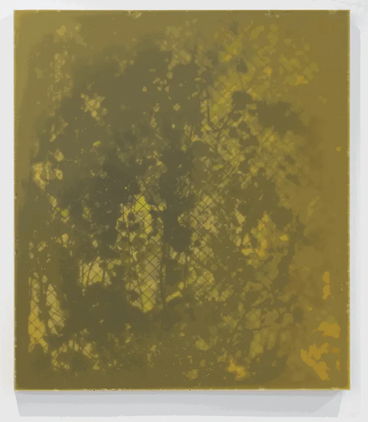 Manuela Garc&iacute;a De la serie Pinturas de cera. Cuando la luz el verde, 2022 Encaustic on digital printing and wood 116 x 103 x 6.5 cm (45.67 x 40.55 x 2.56 in)