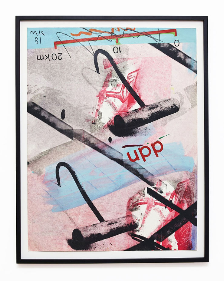 Upp, 1981 silkiþrykk, akríl, krít og ljósnæm efni á pappír Upp, 1981 silkscreen, acrylic, chalk and photosensitive materials on paper 81,5 x 62 cm MAK0014