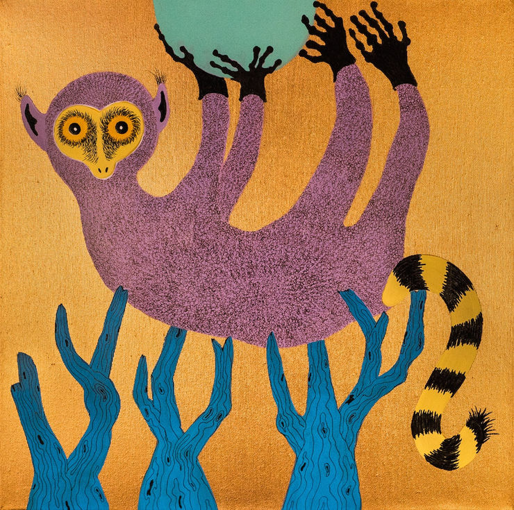 Lemúr Heldur Mánanum uppi / Lemur lifting the Moon, 2017 Acrylic paint and ink on canvas 50 x 45 cm GKF0041