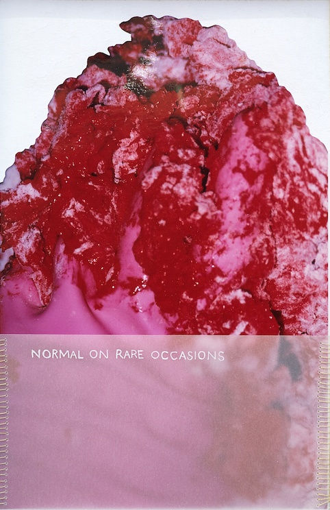 normal..., 2017 carved photograph, gauche, thread and seam stitches on paper 19.8 x 12.8 cm