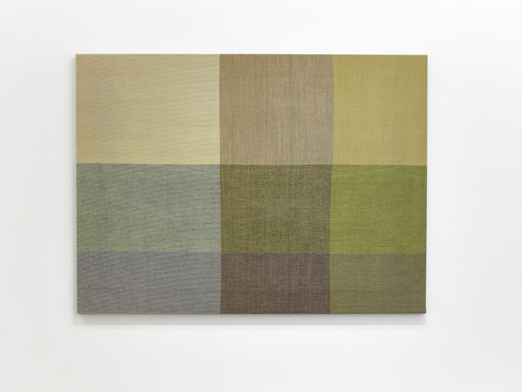Krossmaðra og þursaskegg , 2014 Handofin ull, hör, jurtalitur, akrýllitur Northern Bedstraw and Bellardi Bog Sedge, 2014 Handwoven wool, linen plant dye, acrylic paint 72 x 97 x 2 cm