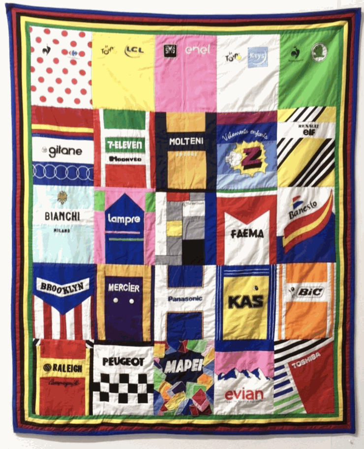 handmaid quilt featuring different brand name items by Laura Rokas