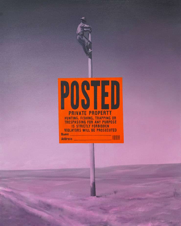 purple painting of a man on a pole hammering in a no trespassing sign