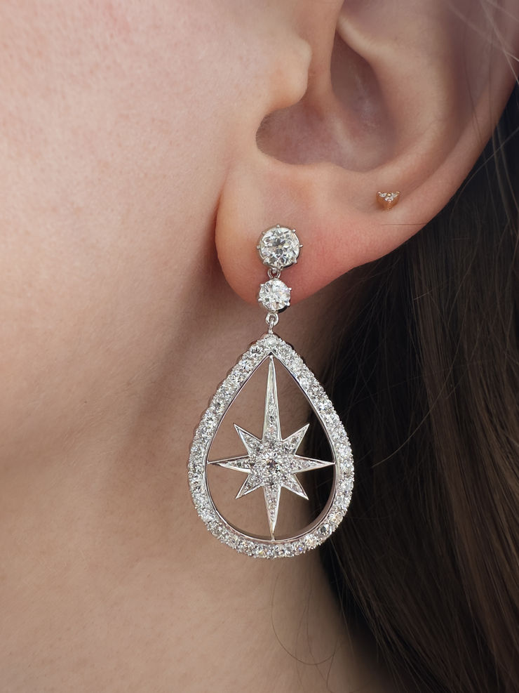 Aril Jewels Cosway Earrings in Georgiana collection featuring old cut diamonds and rainbow moonstones. Pictured is star earring worn on the ear.