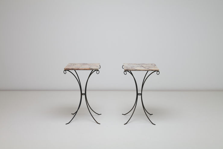 A pair of Jean Michel Frank Comte Marble Tables , 1940s Iron & Marble. View from the front