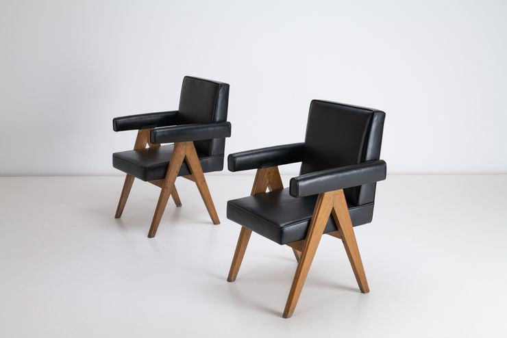 A pair of vintage Pierre Jeanneret senate chairs in Burmese teak and leather. Chandigarh India Vintage London Specialist