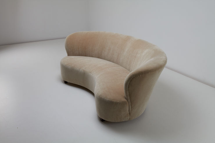 Unknown, Curved Sofa, 1930s Mohair Velvet, stained oak. Diagonal view