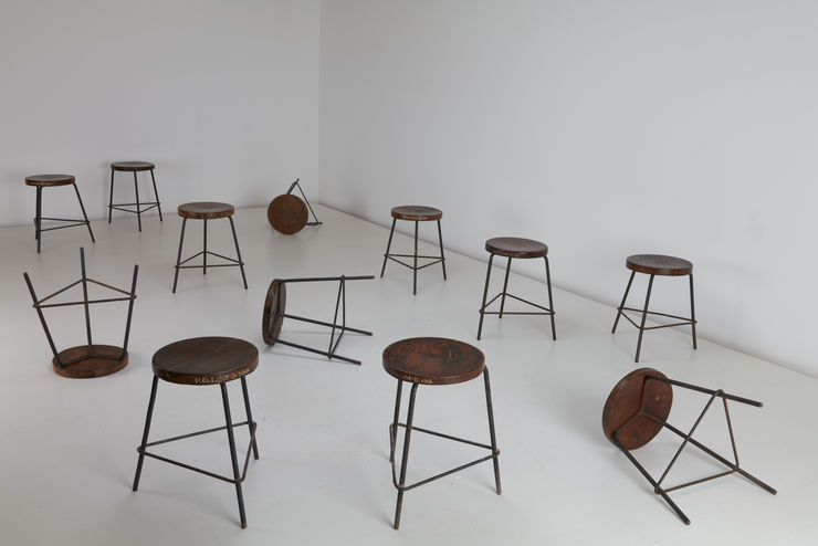 Pierre Jeanneret stools, Indian Chandigarh. Solid teak tops with iron base. Heavily patinated. London.