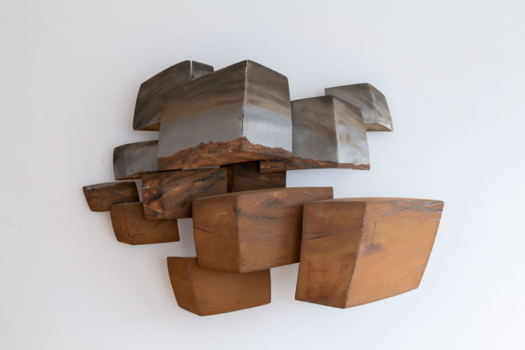 Vintage Stevens Dossou-Yovo 3D large metal sculpture with a desert landscape London Front