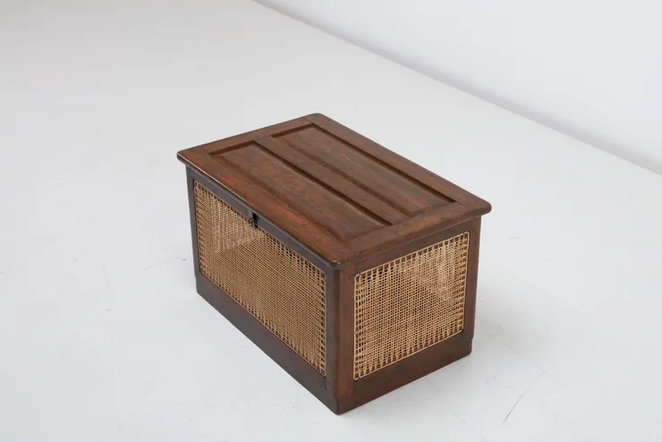 1950s Pierre Jeanneret Le Corbusier Linen Laundry box in teak and cane from the brutalist city of chandigarh india UK London based Gallery Kiy