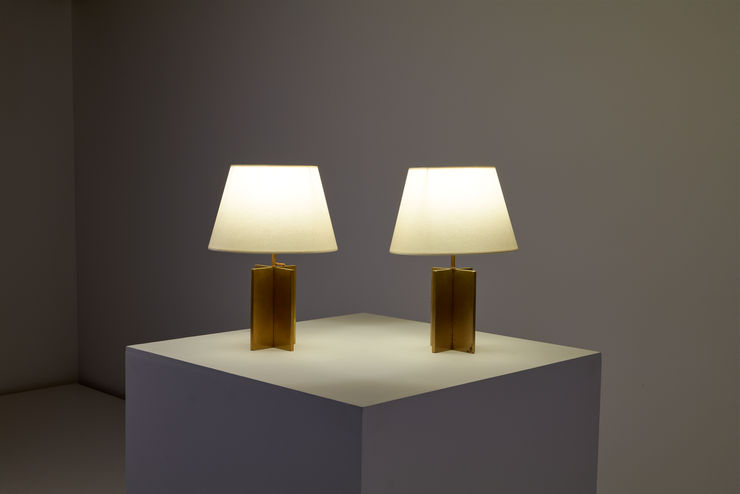 A pair of Jean Michel Frank Croisillon Table Lamps, c1942 Bronze, paper shades. Diagonal view