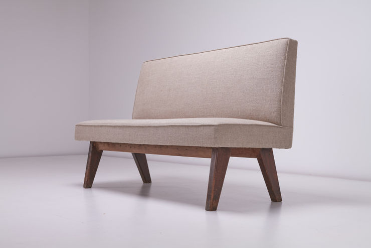 Pierre Jeanneret le corbusier public bench made from Burmese teak and upholstered in Rose Uniacke Alpaca Velvet Muffle from the High Court Chandigarh India offered by Vintage London Specialist Gallery Kiy