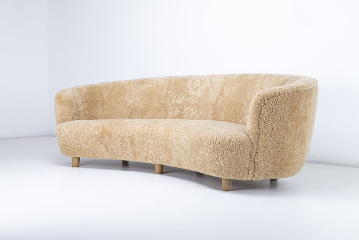 Unknown Sheepskin Sofa, 1940s Sheepskin with Birch Legs Private Collection, Sweden. Diagonal view