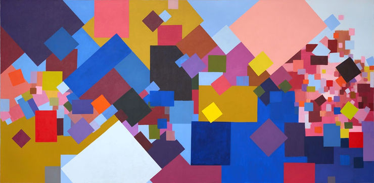 Samia Halaby, River and Cliff, 2016, Acrylic on canvas, 206 x 420 cm