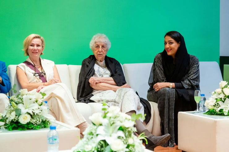 Left to right - Jouhayna Samawi, Co-Founder of Ayyam Gallery; Samia Halaby, Artist and Sheikha Nawar Al Qassimi, Vice President of Sharjah Art Foundation