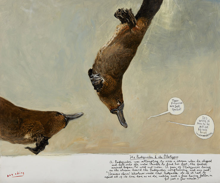 Ray Ching The Pademelon & the Platypus p. 148-149, 2017 Alkyd/Acrylic on board 51 x 61 x 5 cm