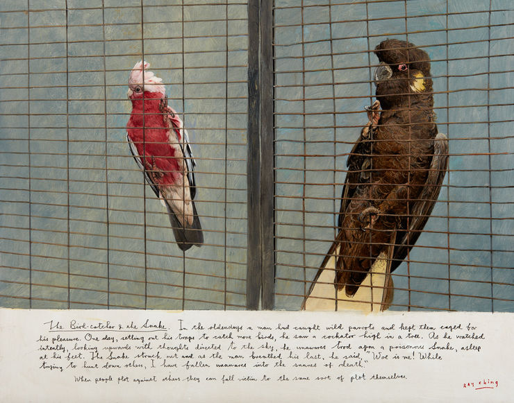 Ray Ching The Bird-catcher & the Snake, 2017 Alkyd/Acrylic on board 61 x 76 x 53 cm