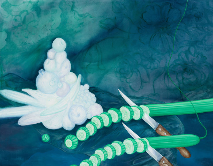 Minoo Yalsohrabi, The Rhythm of Cutting Cucumbers, 2023, Oil and acrylic on canvas, 55 X 71 CM | 22 X 28 IN