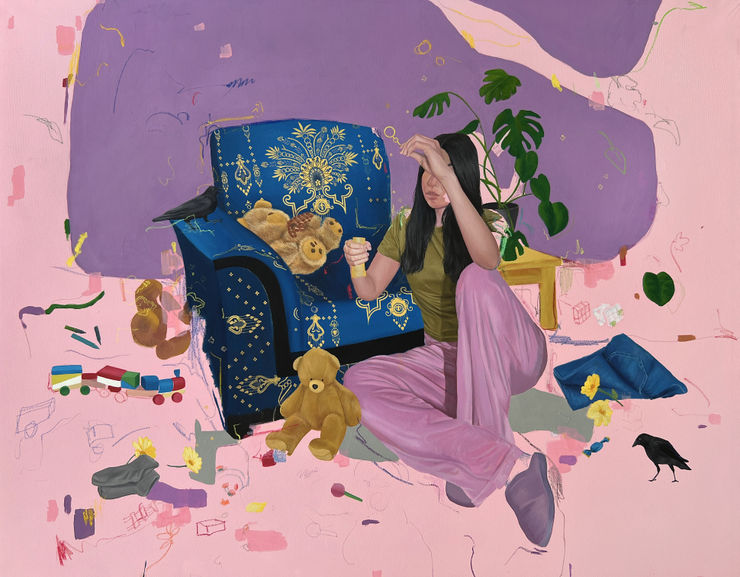 Rahma Lhoussig, Playtime 2, 2023, Mixed technique on canvas 47 1/5 × 59 3/10 in | 120 × 150.5 cm