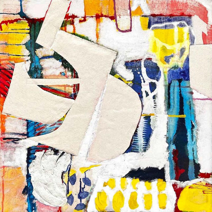 "Dream Walker / Fletcher" (acrylic and fabric painting by Lesley Bodzy)