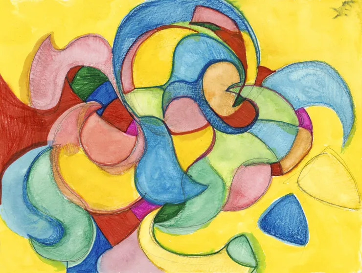 Abstract painting with a yellow background by Ariane Hafizi.