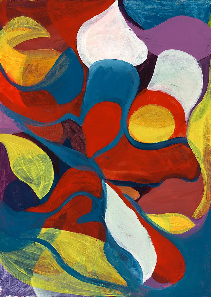 Surrealistic abstraction of organic shapes and primary colors by Ariane Hafizi