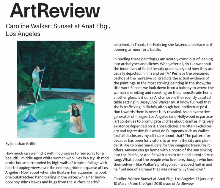 ArtReview, Caroline Walker: Sunset at Anat Ebgi, Los Angeles, 5 April 2018 Read Here