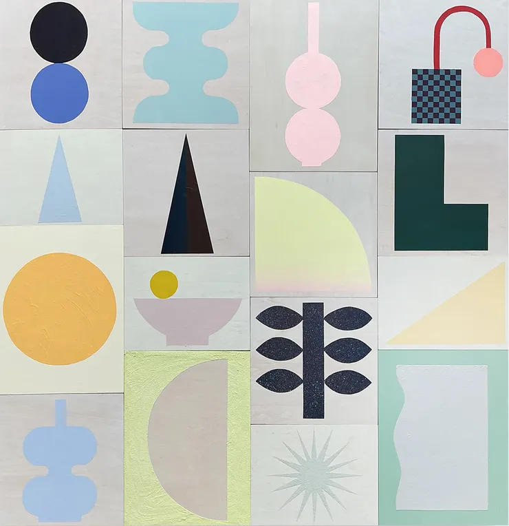 Cameron Ritcher “Vernacular 63” abstract grid artwork featuring geometric and organic shapes in soft pastel tones on neutral panels with textured paint surfaces.