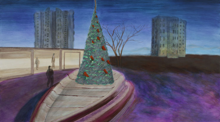 张银亮，路边装饰，布面丙烯，100 × 180 cm，2024 Anna NganLeong Cheung, Roadside Decorations, Acrylic on linen, 100 × 180 cm, 2024