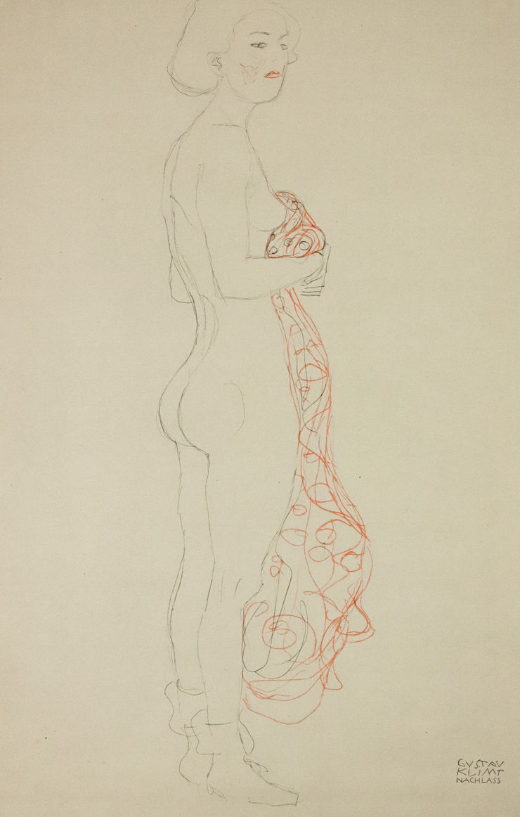 Gustav Klimt Nude, Standing, with Cloth (tinted red), 1919 Framed