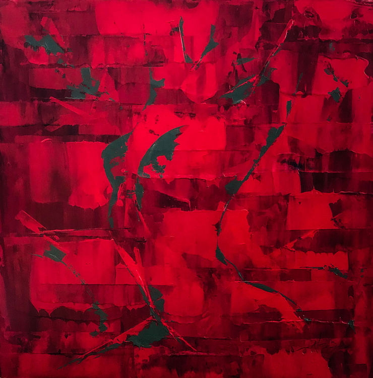 Abstract gray nude painting of woman on red background