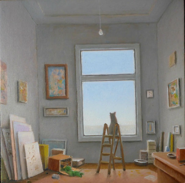 Hans Deuss - Atelierkat - 2017 - olieverf op paneel - 10 x 10 cm