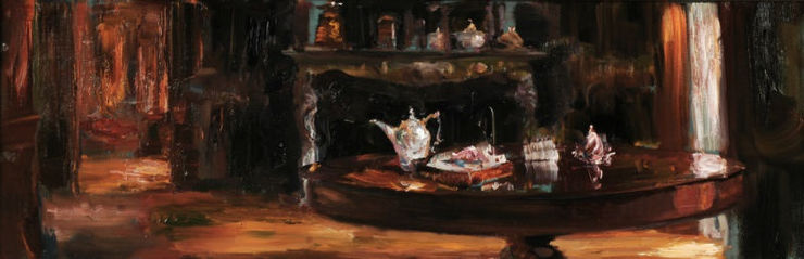 Douwe Elias - Tafel met doorkijkje - 2019 - olieverf op doek - 40 x 120 cm