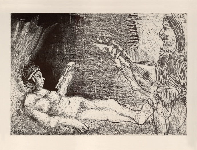 A nude woman and a man with a guitar