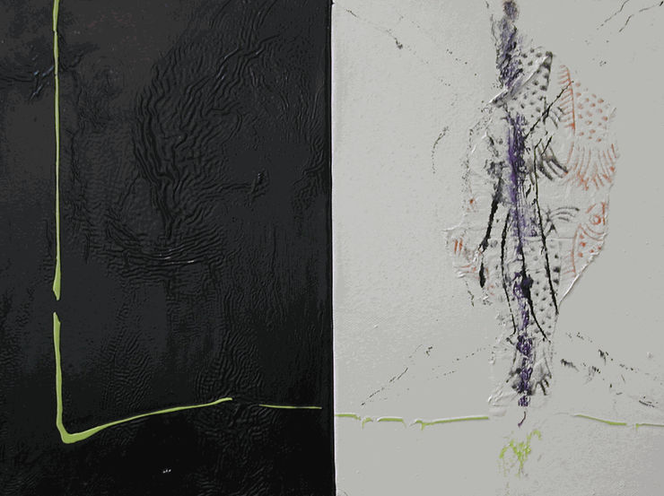 Luciano Bartolini, Soffi di Luce, 1991, smalto, olio e collage su tela, cm 30x40