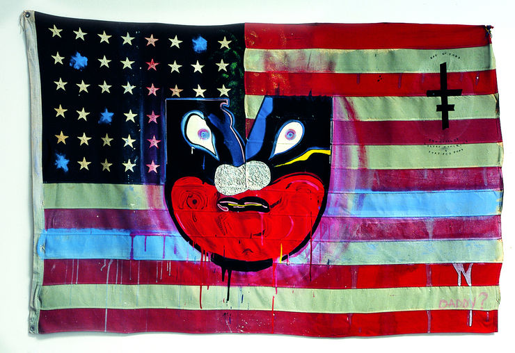 Doubfire Ghost Who is Your Daddy?, 2009, Acrilico e collage su bandiera, cm 114,5x173