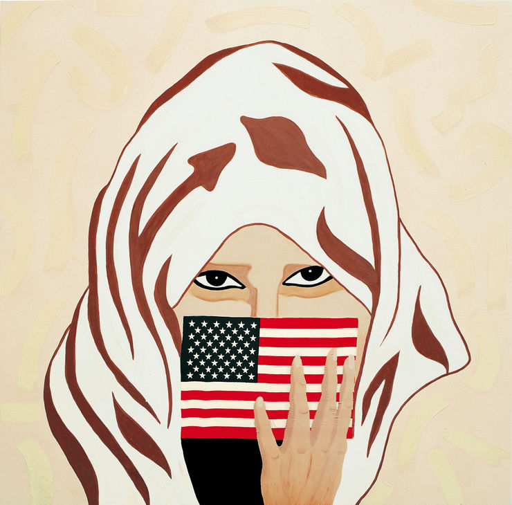 Cell Girls Usa, 2004, acrilici e bandiera su tela, cm 50X50