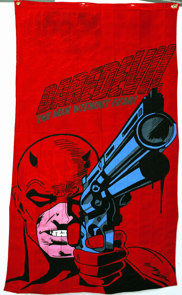 Daredevil, 1999, acrilico su bandiera americana, cm 152,4x91,5
