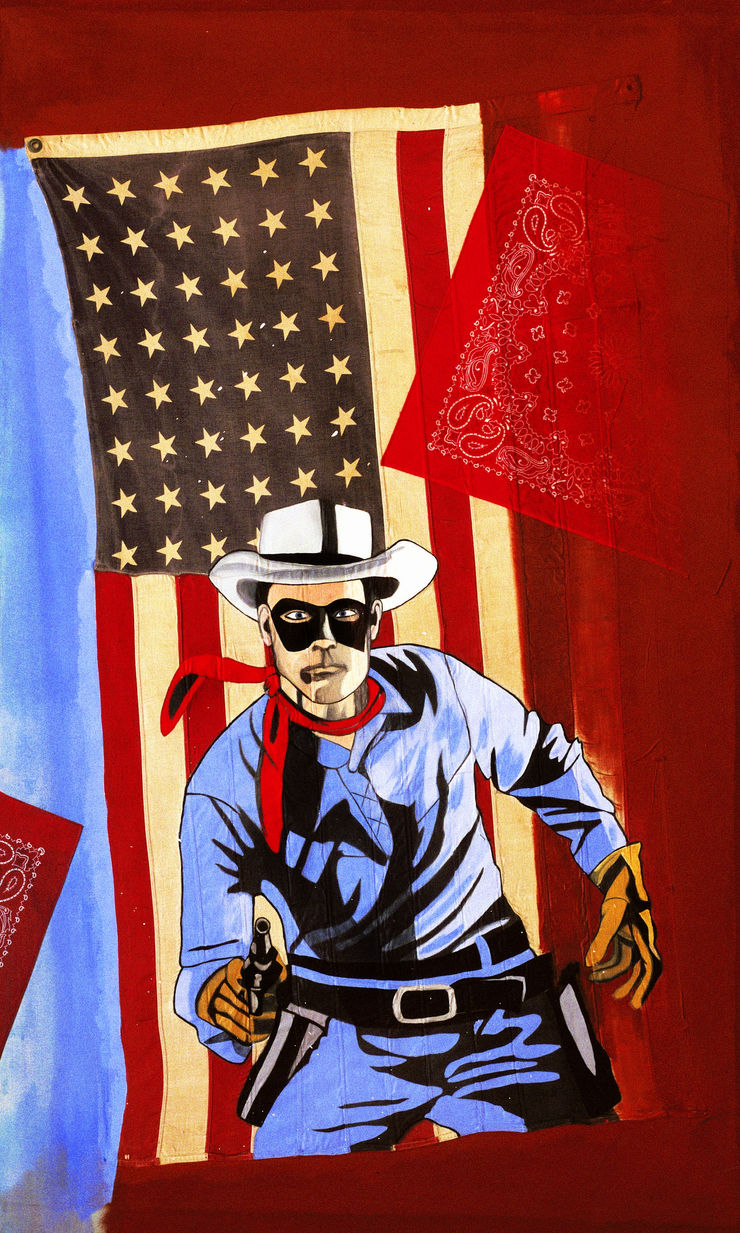 The Lone Ranger, 2000, acrilico e collage su bandiera americana su tela, cm 173x107